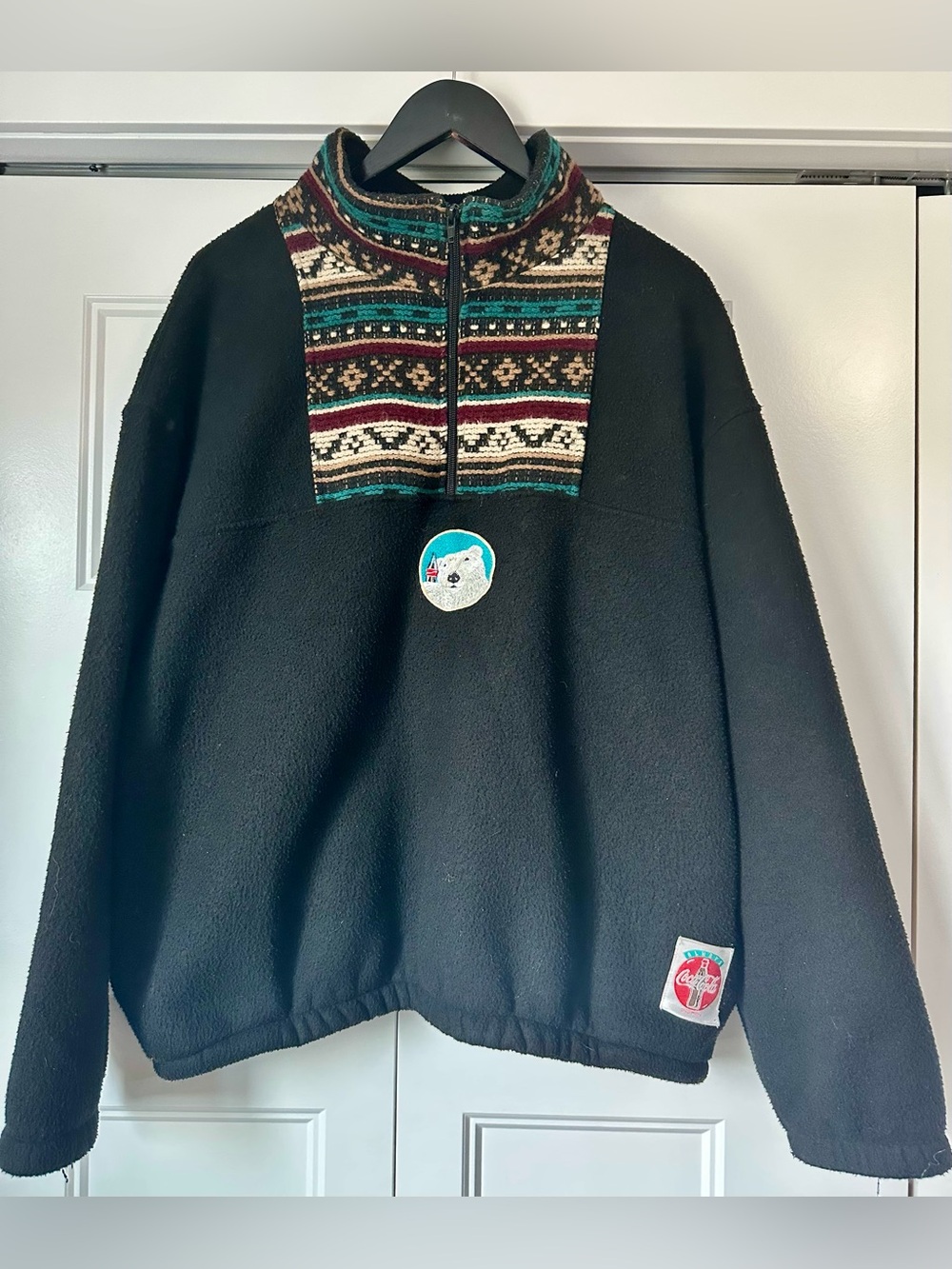 Vintage 90s Coca-Cola Polar Bear Fleece Pullover - Made in Canada - Size L Aztec